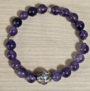 Handmade Unisex Natural Amethyst Gemstone & Tibet Bali Bead Stretch Bracelet